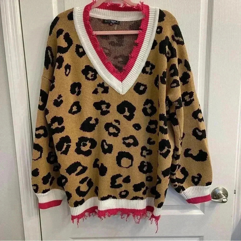 Leopard V-Neck Sweater with Fringes